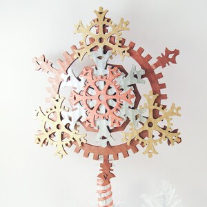 Medium 9.5-inch Ornate Steampunk Tree Topper Snowflake Gears, Brass, Antique Brass, and Silver image 2