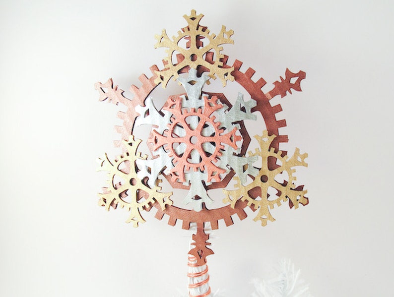 Medium 9.5-inch Ornate Steampunk Tree Topper Snowflake Gears, Brass, Antique Brass, and Silver image 2