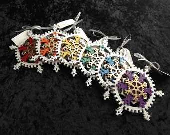 Steampunk Pride Rainbow Ornament Set - Gears and Snowflakes - Six 5-inch ornaments