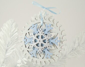 Pair of Winter Snowflake Steampunk Gear and Snowflake Christmas Ornaments (2)