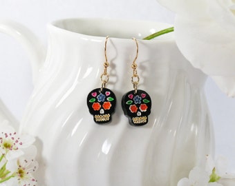 Multicolor Blue and Orange Hand-Painted Black Sugar Skull Drop Earring