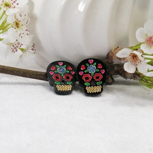 Multicolor Red and Blue Hand-Painted Black Sugar Skull Post Earring image 3