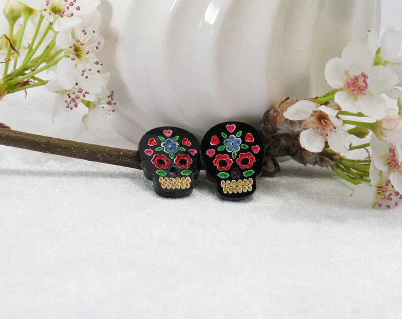 Multicolor Red and Blue Hand-Painted Black Sugar Skull Post Earring image 3