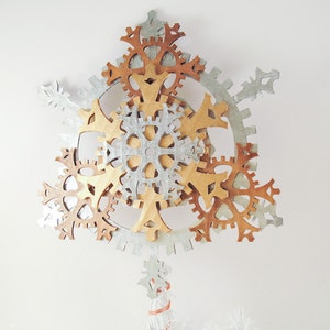 Medium 9.5-inch Ornate Steampunk Tree Topper Snowflake Gears, Brass, Antique Brass, and Silver image 1