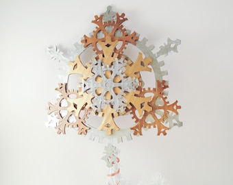 Medium 9.5-inch Ornate Steampunk Tree Topper - Snowflake Gears, Brass, Antique Brass, and Silver