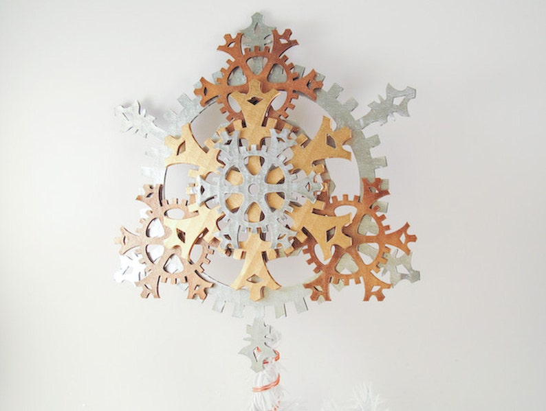 Medium 9.5-inch Ornate Steampunk Tree Topper Snowflake Gears, Brass, Antique Brass, and Silver image 1