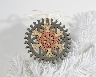 Rugged Steampunk Bronze, Gold, and Copper Gear and Snowflake Christmas Ornament, 4-inch