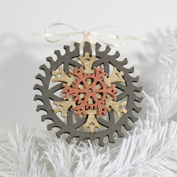 Rugged Steampunk Bronze, Gold, and Copper Gear and Snowflake Christmas Ornament, 4-inch