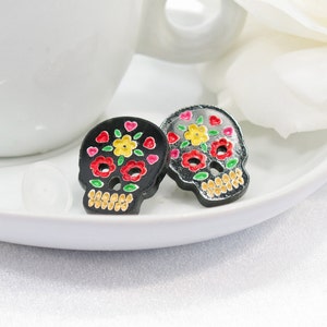 Multicolor Red and Yellow Hand-Painted Black Sugar Skull Post Earring image 1