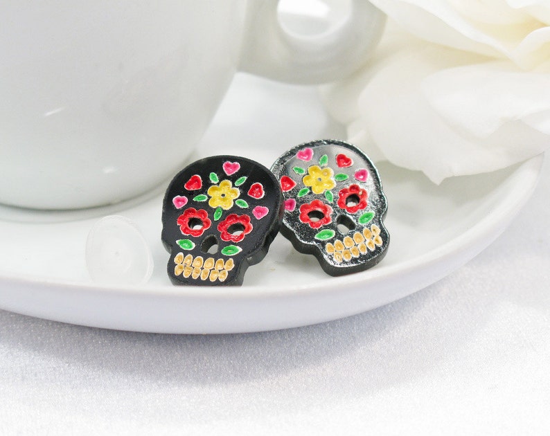 Multicolor Red and Yellow Hand-Painted Black Sugar Skull Post Earring image 1