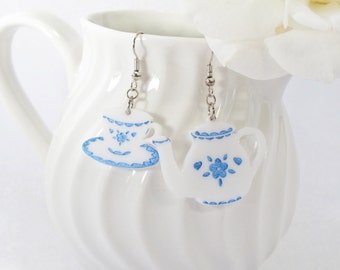 Large Blue and White Tea Set Teapot Teacup Acrylic Earrings