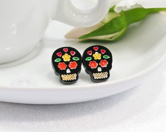 Multicolor Orange and Yellow Hand-Painted Black Sugar Skull Stud Earring