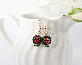 Multicolor Red and Orange Hand-Painted Black Sugar Skull Drop Earring