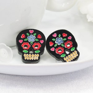 Multicolor Red and Blue Hand-Painted Black Sugar Skull Post Earring image 1