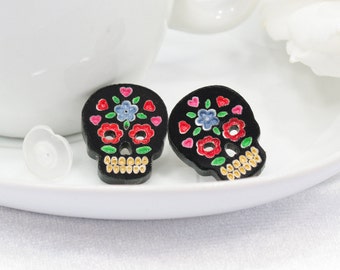 Multicolor Red and Blue Hand-Painted Black Sugar Skull Post Earring