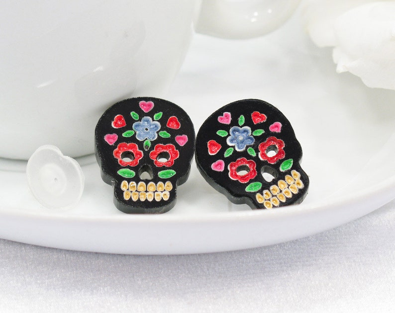 Multicolor Red and Blue Hand-Painted Black Sugar Skull Post Earring image 1
