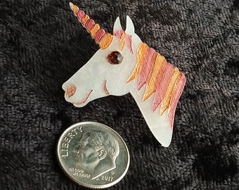 Unicorn Pin in Pearl Acrylic with Handpainted Details and Swarovski Eye