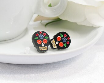 Multicolor Blue and Orange Hand-Painted Black Sugar Skull Stud Earring