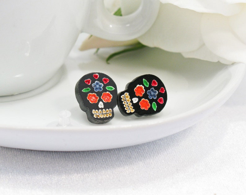 Multicolor Blue and Orange Hand-Painted Black Sugar Skull Stud Earring image 1