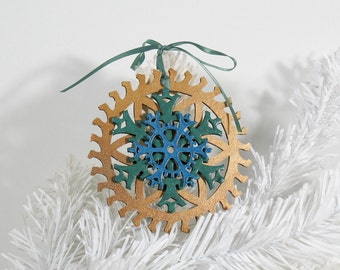 Steampunk Peacock Antique Brass, Metallic Green and Teal Gear and Snowflake Christmas Ornament, 4-inch