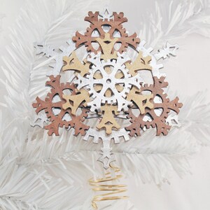 Mini 5-inch Steampunk Tree Topper Snowflake Gears, shown in Warm Metallics image 2