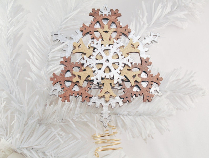Mini 5-inch Steampunk Tree Topper Snowflake Gears, shown in Warm Metallics image 2
