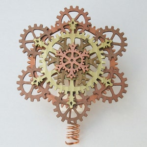 Steampunk Tree Topper Gears and Snowflakes 6.5-inch in Warm Metallics image 1