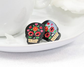 Multicolor Orange and Red Hand-Painted Black Sugar Skull Post Earring