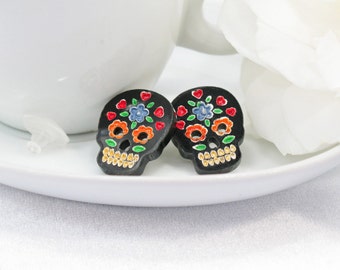 Multicolor Orange and Blue Hand-Painted Black Sugar Skull Medium Post Earring