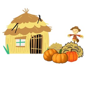 Pu&ograve; includere: Un'illustrazione di un cartone animato di una capanna di colore paglia con una porta marrone e una finestra. Uno spaventapasseri con un cappello marrone e una camicia rossa si trova di fronte a un mucchio di fieno con tre zucche arancioni.