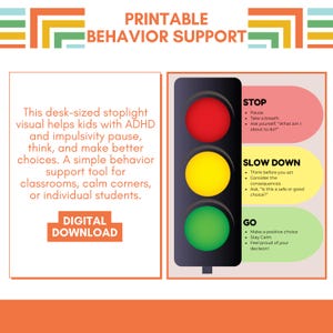 Puede incluir: Una herramienta de apoyo conductual imprimible con un diseño de semáforo. La imagen muestra un semáforo con luces rojas, amarillas y verdes, junto con instrucciones para pausar, reducir la velocidad y tomar decisiones. El texto "DESCARGA DIGITAL" es visible.