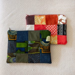 Upcycled handmade makeup bag | Toiletry bag made from recycled fabrics | Eco-friendly storage case for travel, pencils, and books