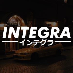 May include: A yellow Integra car is parked on a cobblestone street at night. The word "INTEGRA" is in large white letters above Japanese characters. The background includes a building with a "Royal Lounge" sign.