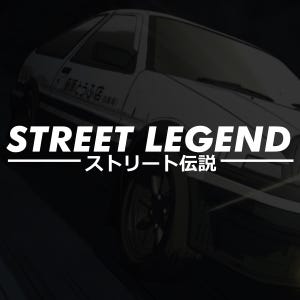 May include: A white car with black accents and the text "STREET LEGEND - ストリート伝説 -" in white. The car is a Japanese import and is a popular model for car enthusiasts.