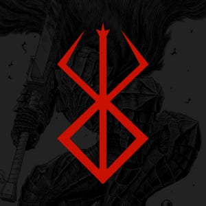 Può includere: Un simbolo rosso stilizzato con una punta appuntita e quattro punti, che ricorda una croce. Il simbolo è posto su uno sfondo grigio scuro con un'illustrazione in bianco e nero di una figura sullo sfondo.