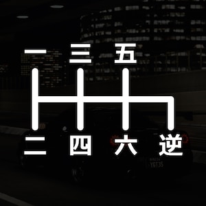 May include: A white gear shift pattern with the numbers one through six and the word "Reverse" in black. The pattern is on a black background with a blurry image of a car in the background.