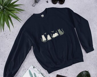 Moletom de Halloween com Gato Fantasma, Gola Redonda com Gato Assustador e Fofo, Camiseta Engraçada de Halloween, Pulôver Aconchegante de Outono, Presente Unissex de Gatinho Fantasma