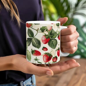 Vintage Strawberry Mug Botanical Print Coffee Cup Garden Themed Drinkware Gift for Gardener Nature Lover Farmhouse Kitchen Decor Cottage