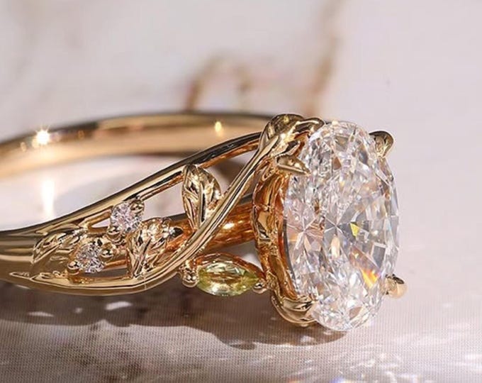 Featured listing image: Floral 3.00 CT Oval Cut Moissanite Engagement Ring Vintage 14K Solid Gold Moissanite Solitaire Wedding Ring Nature Inspire Ring Promise Ring