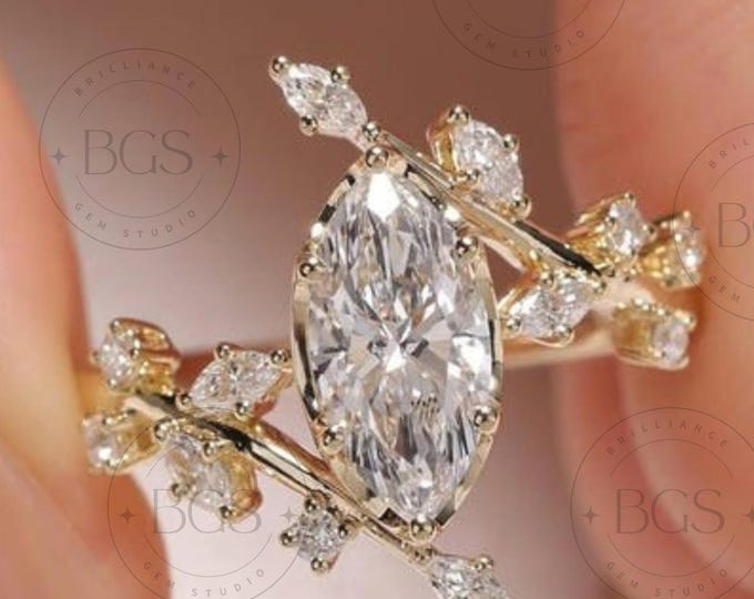Featured listing image: Unique 3CT Marquise Cut Nature Inspired Moissanite Engagement Ring 14K Solid Gold Vintage Leaf Vine Solitaire Wedding Ring Gift Ring For Her
