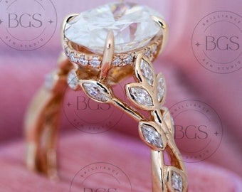 Floral 3 CT Oval Cut Moissanite Engagement Ring Vintage Bezel Set 14K Solid Gold Wedding Ring Nature Inspire Marquise Ring Promise Ring Her