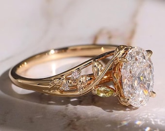 Floral 3.00 CT Oval Cut Moissanite Engagement Ring Vintage 14K Solid Gold Moissanite Solitaire Wedding Ring Nature Inspire Ring Promise Ring