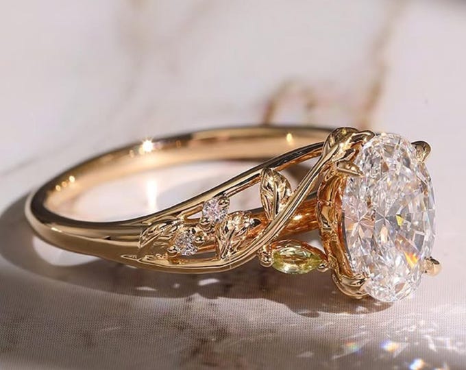 Featured listing image: Floral 3.00 CT Oval Cut Moissanite Engagement Ring Vintage 14K Solid Gold Moissanite Solitaire Wedding Ring Nature Inspire Ring Promise Ring