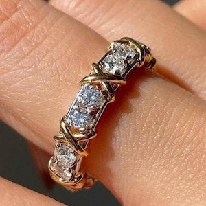 Anillo de bodas con moissanita engastado con diamantes, anillo de eternidad con dieciséis piedras, anillo de bodas de eternidad completa en dos tonos, anillo de aniversario para ella