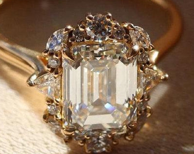 Featured listing image: 3.55 CT Emerald Cut Moissanite Diamond Engagement Ring 14K Solid Gold Vintage Emerald Cut Ring Moissanite Wedding Ring Hidden Halo Gift Ring
