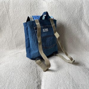 Handmade, bespoke denim and patchwork mini rucksack.