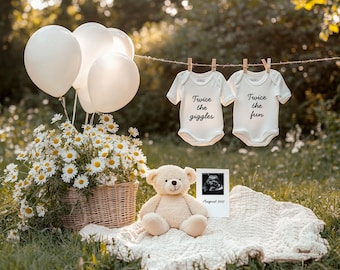 Twin Pregnancy Announcement Template Summer Bear Twins Baby Reveal Editable Social Media Reveal Spring Daisies Baby Announcement Template