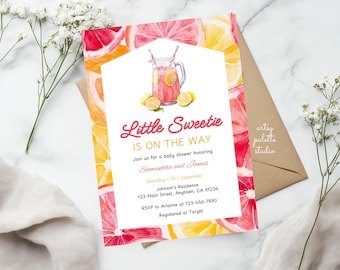 May include: A baby shower invitation with a watercolor illustration of a pitcher of pink lemonade and citrus fruit slices. The text reads "Little Sweetie is on the way" and includes details for the event, including the date, time, location, and RSVP information.