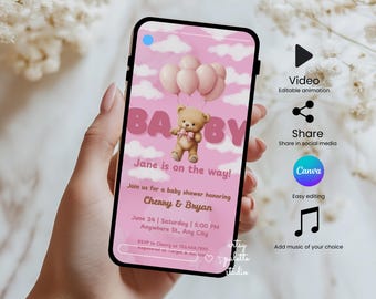 Baby Girl Shower Video Invitation Bear Balloons Pink Baby Girl Shower We Can Bearly Wait Digital Invitation Social Media Video Baby Shower