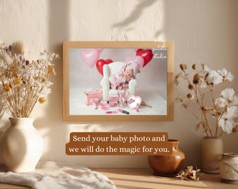 Custom Portrait Newborn Baby Photoshoot Pink Fashion Luxury Theme Your Baby’s Photo into a Studio Style Portrait Baby Milestone Digital